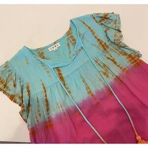 THML Tie Dye Tassel Babydoll Top S Blue Pink Ruffle Cap Sleeve Cotton 079